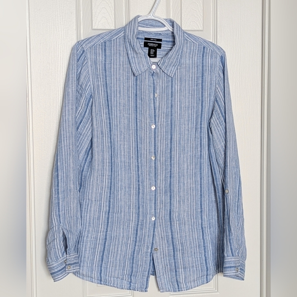 Jones New York Women's (Medium) Blue&White Striped 100% Linen Button Down Shirt